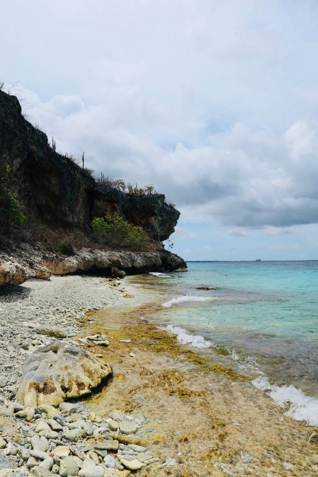 Rotsachtige duikstek met klif en cactus aan de kust van Bonaire
