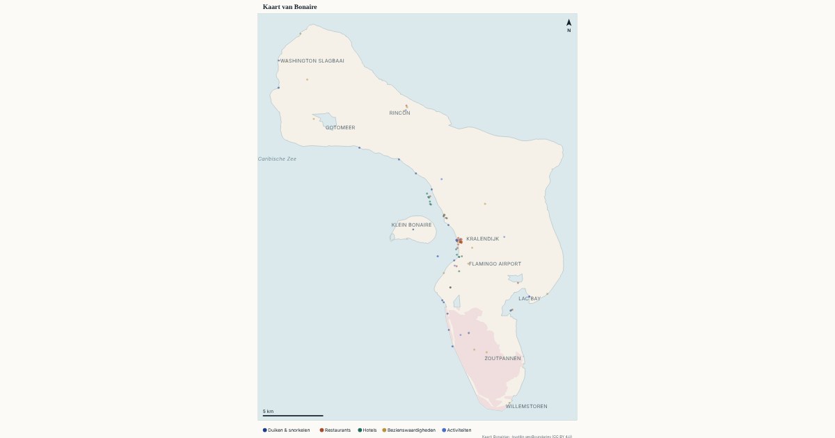Overzichtskaart van Bonaire met de plekken van de interactieve kaart